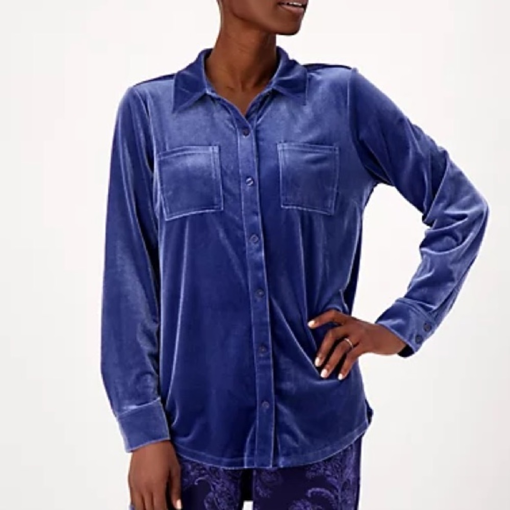 Isaac Mizrahi Live! Velvet Button Front Shirt in blue size 3X